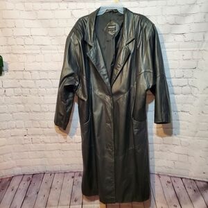 VINTAGE 80s LEATHER PELLE BLACK TRENCH COAT